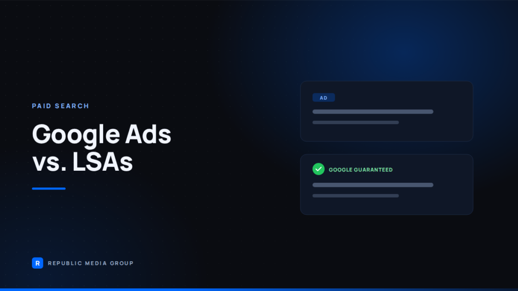 Republic Media Group graphic comparing a Google Ads listing with a Google Guaranteed LSA listing